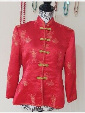 Vintage Silky Red Gold Tang Suit Jacket Sm